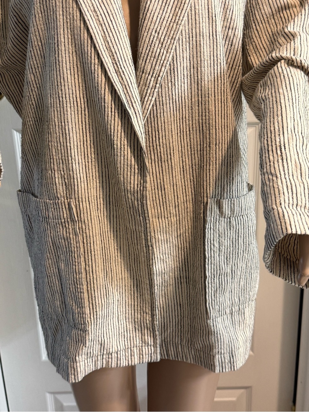 Eileen Fisher Natural Black Striped Cotton Open Front Jacket S M Oversized - Picture 2 of 13